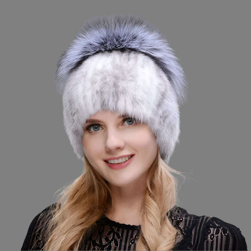 JINBAOSEN Style Winter Female Fur Hat Mink Fur Plus Fox Fur Stitching Knit Liner Fur Ski Hat Free Shipping