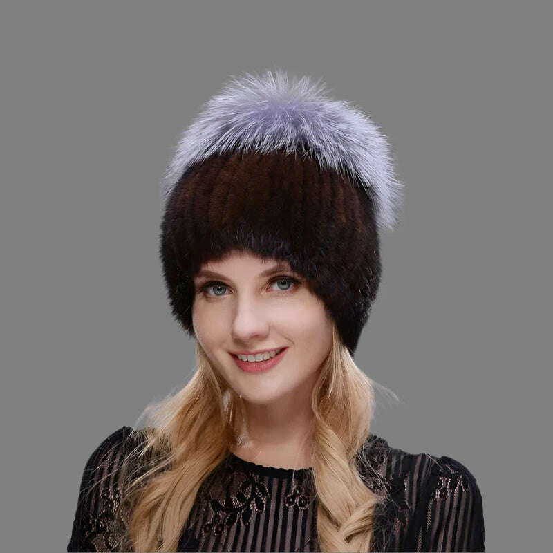 JINBAOSEN Style Winter Female Fur Hat Mink Fur Plus Fox Fur Stitching Knit Liner Fur Ski Hat Free Shipping