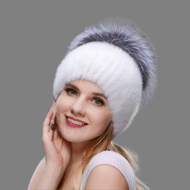 JINBAOSEN Style Winter Female Fur Hat Mink Fur Plus Fox Fur Stitching Knit Liner Fur Ski Hat Free Shipping