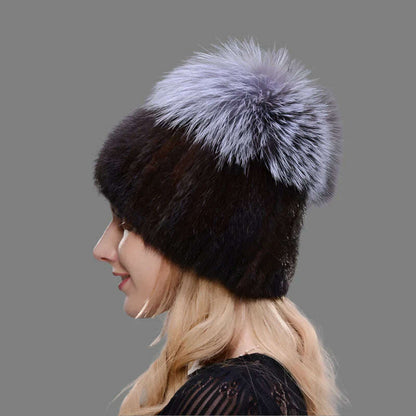 JINBAOSEN Style Winter Female Fur Hat Mink Fur Plus Fox Fur Stitching Knit Liner Fur Ski Hat Free Shipping
