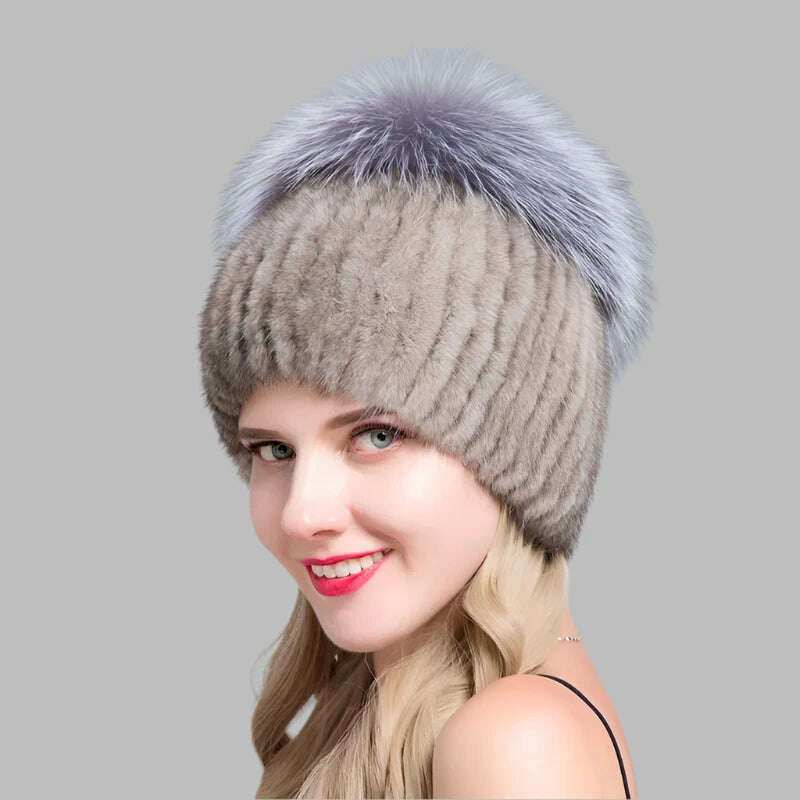 JINBAOSEN Style Winter Female Fur Hat Mink Fur Plus Fox Fur Stitching Knit Liner Fur Ski Hat Free Shipping
