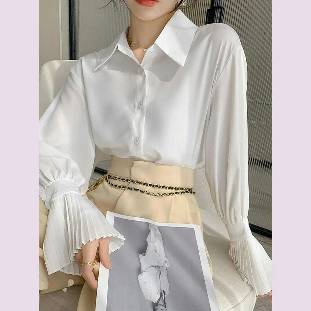Jmprs Designed Women Flare Sleeve Women Shirts Office Ladies White Korean Fashion Fall Tops Elegant Button Up Female Shirt