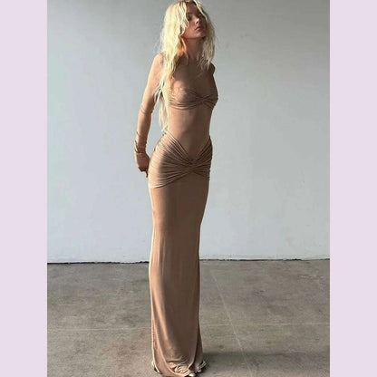 JULISSA MO Elegant Round Neck Ruched Maxi Dress For Women Khaki Long Sleeve Evening Dress Female Winter New Party Women Clothing