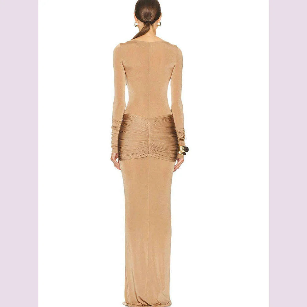 JULISSA MO Elegant Round Neck Ruched Maxi Dress For Women Khaki Long Sleeve Evening Dress Female Winter New Party Women Clothing