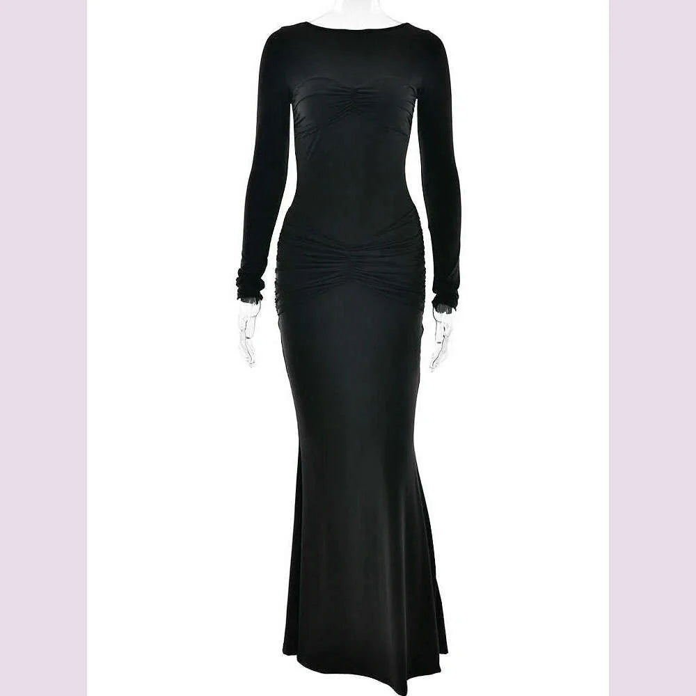 JULISSA MO Elegant Round Neck Ruched Maxi Dress For Women Khaki Long Sleeve Evening Dress Female Winter New Party Women Clothing