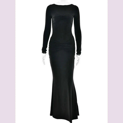JULISSA MO Elegant Round Neck Ruched Maxi Dress For Women Khaki Long Sleeve Evening Dress Female Winter New Party Women Clothing