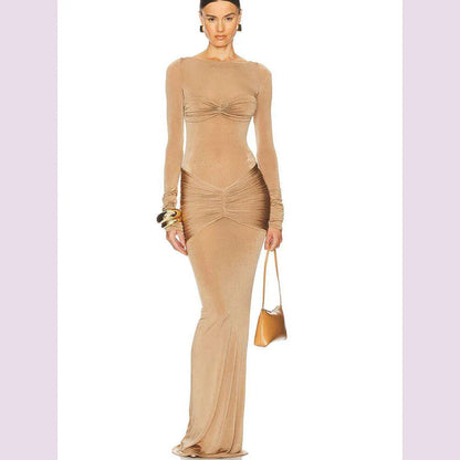 JULISSA MO Elegant Round Neck Ruched Maxi Dress For Women Khaki Long Sleeve Evening Dress Female Winter New Party Women Clothing