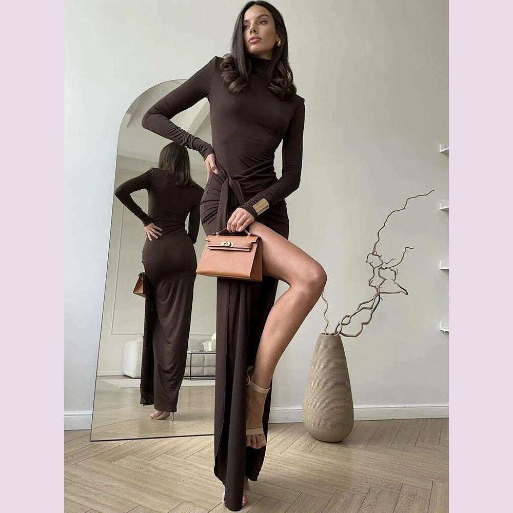 JULISSA MO Sexy High Slit Bandage Women Long Dress Black Turtleneck Long Sleeve Dress Female Winter Slim Elegant Women Clothing