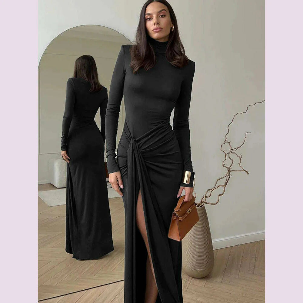 JULISSA MO Sexy High Slit Bandage Women Long Dress Black Turtleneck Long Sleeve Dress Female Winter Slim Elegant Women Clothing