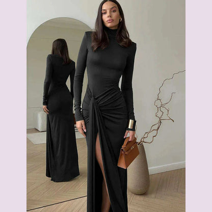 JULISSA MO Sexy High Slit Bandage Women Long Dress Black Turtleneck Long Sleeve Dress Female Winter Slim Elegant Women Clothing