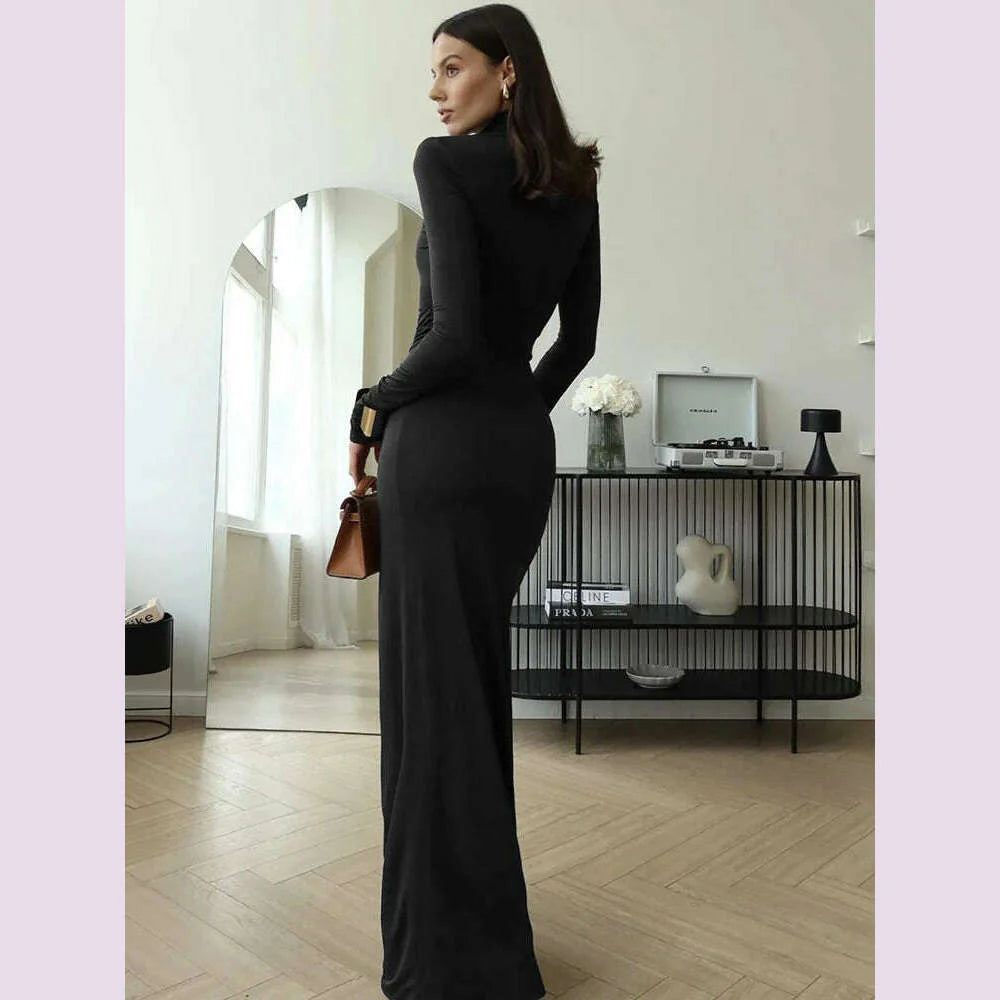 JULISSA MO Sexy High Slit Bandage Women Long Dress Black Turtleneck Long Sleeve Dress Female Winter Slim Elegant Women Clothing