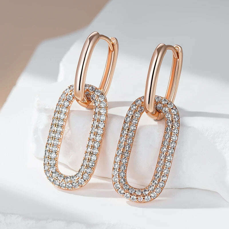 Kinel Geometric Oval Rectangle Full Natural Zircon Hoop Earrings For Women 585 Rose Gold Color Daily Fine Elegant Female Jewelry