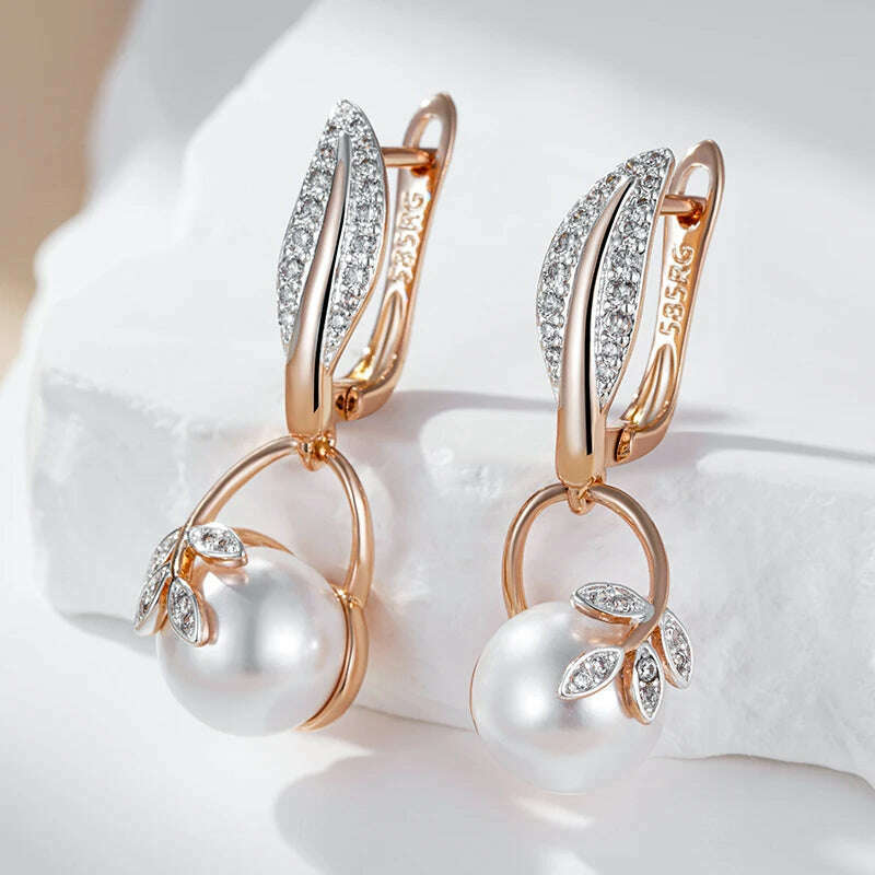 Kinel Hot Fashion Crystal Flower Pearl Drop Earrings for Women 585 Rose Gold Silver Color Mix Boho Ethnic Wedding Jewelry Gift