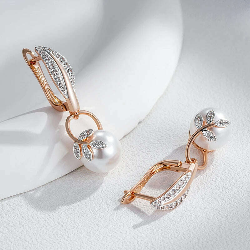 Kinel Hot Fashion Crystal Flower Pearl Drop Earrings for Women 585 Rose Gold Silver Color Mix Boho Ethnic Wedding Jewelry Gift