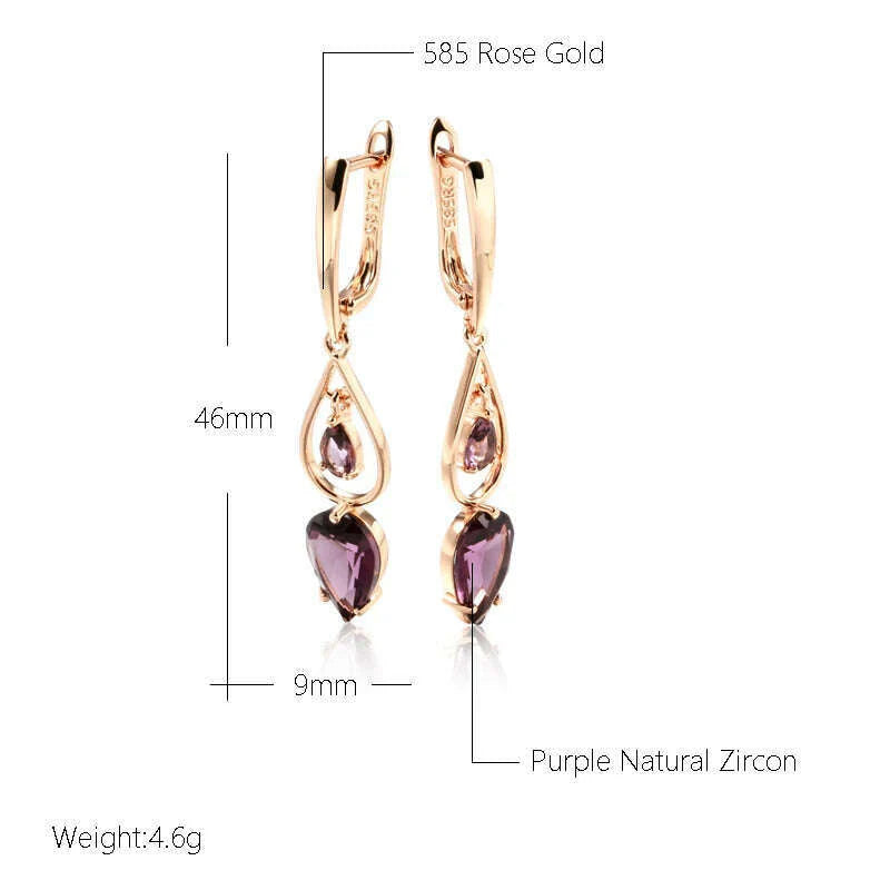 Kinel Hot Purple Natural Zircon Long Drop Earrings for Women Fashion 585 Rose Gold Water Drop Accessories Wedding Daily Jewelry