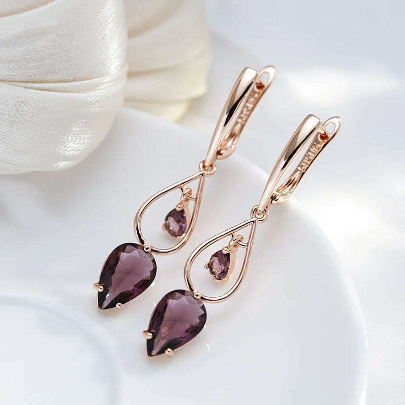 Kinel Hot Purple Natural Zircon Long Drop Earrings for Women Fashion 585 Rose Gold Water Drop Accessories Wedding Daily Jewelry