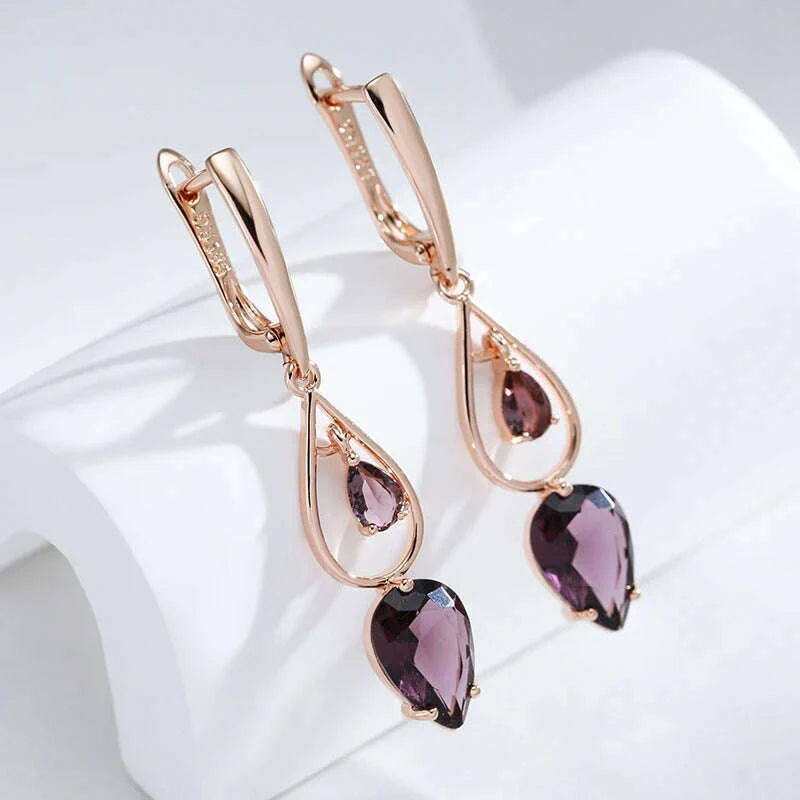 Kinel Hot Purple Natural Zircon Long Drop Earrings for Women Fashion 585 Rose Gold Water Drop Accessories Wedding Daily Jewelry