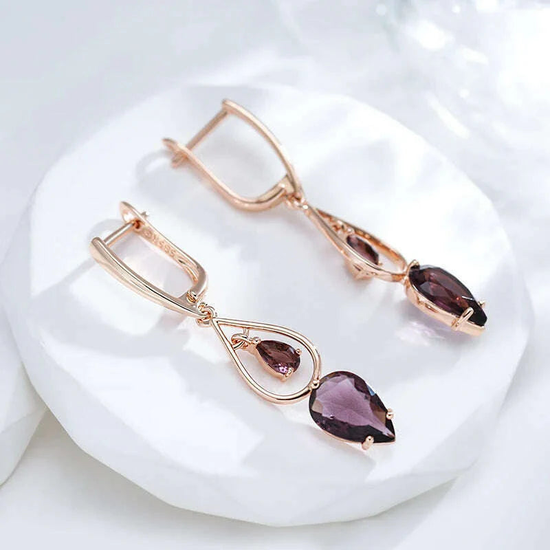 Kinel Hot Purple Natural Zircon Long Drop Earrings for Women Fashion 585 Rose Gold Water Drop Accessories Wedding Daily Jewelry