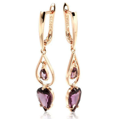 Kinel Hot Purple Natural Zircon Long Drop Earrings for Women Fashion 585 Rose Gold Water Drop Accessories Wedding Daily Jewelry