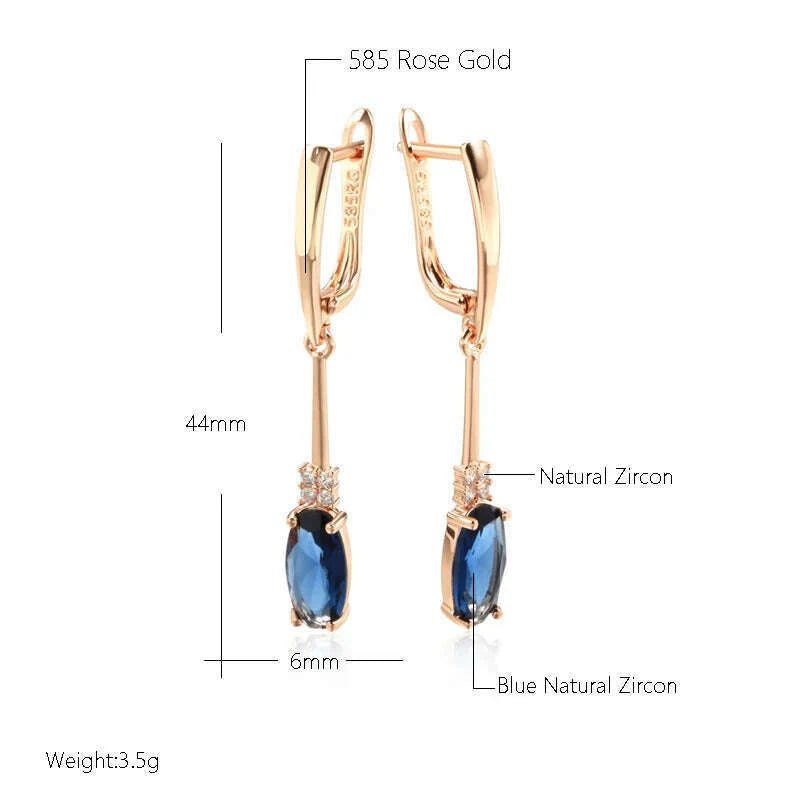 Kinel Unusual Shiny Oval Blue Natural Zircon Long Dangle Earrings for Women Luxury 585 Rose Gold Wedding Party Daily Jewelry