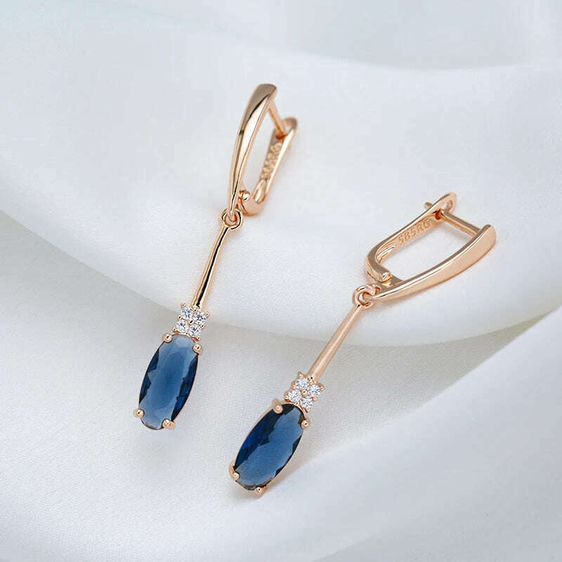Kinel Unusual Shiny Oval Blue Natural Zircon Long Dangle Earrings for Women Luxury 585 Rose Gold Wedding Party Daily Jewelry