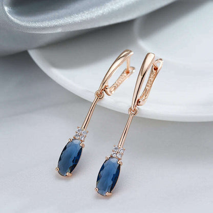 Kinel Unusual Shiny Oval Blue Natural Zircon Long Dangle Earrings for Women Luxury 585 Rose Gold Wedding Party Daily Jewelry