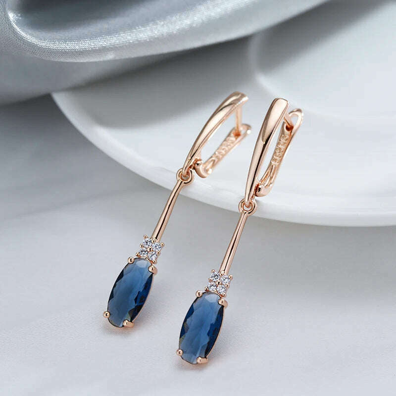 Kinel Unusual Shiny Oval Blue Natural Zircon Long Dangle Earrings for Women Luxury 585 Rose Gold Wedding Party Daily Jewelry