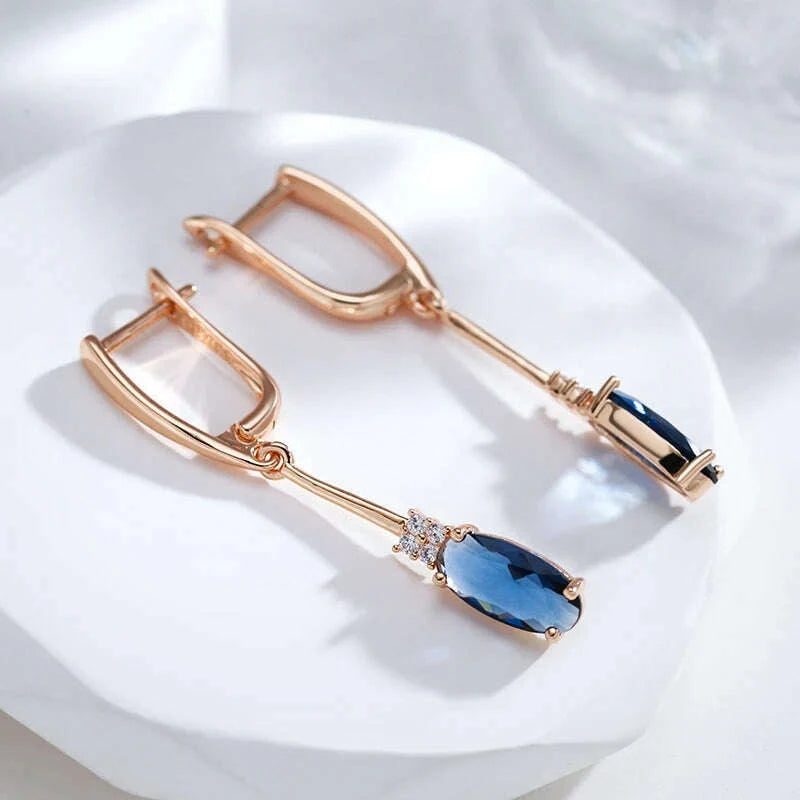 Kinel Unusual Shiny Oval Blue Natural Zircon Long Dangle Earrings for Women Luxury 585 Rose Gold Wedding Party Daily Jewelry