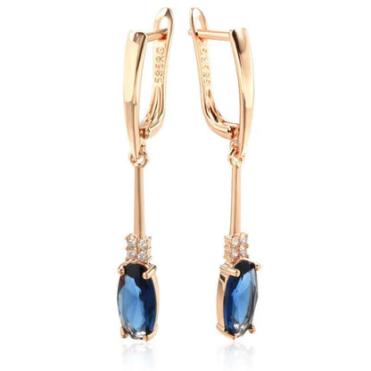 Kinel Unusual Shiny Oval Blue Natural Zircon Long Dangle Earrings for Women Luxury 585 Rose Gold Wedding Party Daily Jewelry