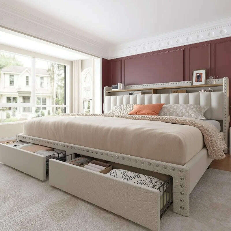King Size Bed Frame with Storage and Headboard, Upholstered King Bed Frame with Storage, King Bed Frame