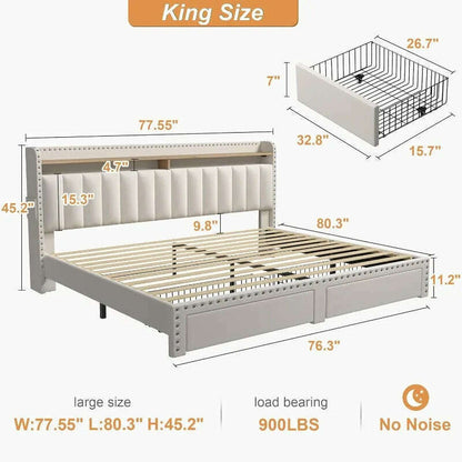 King Size Bed Frame with Storage and Headboard, Upholstered King Bed Frame with Storage, King Bed Frame