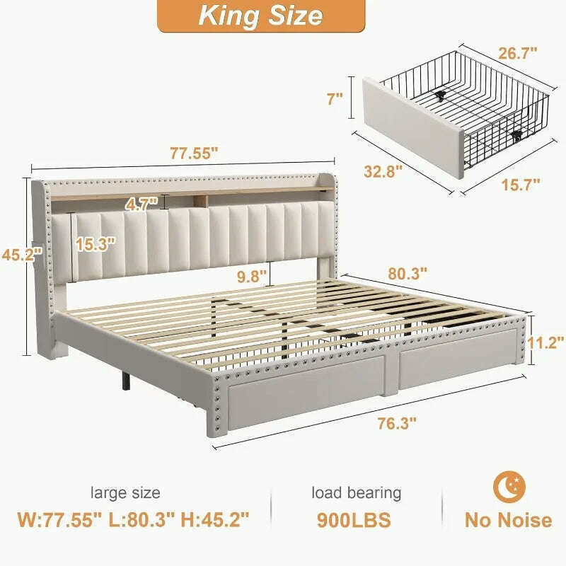 King Size Bed Frame with Storage and Headboard, Upholstered King Bed Frame with Storage, King Bed Frame