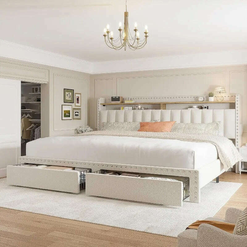 King Size Bed Frame with Storage and Headboard, Upholstered King Bed Frame with Storage, King Bed Frame