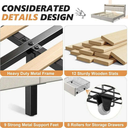 King Size Bed Frame with Storage and Headboard, Upholstered King Bed Frame with Storage, King Bed Frame
