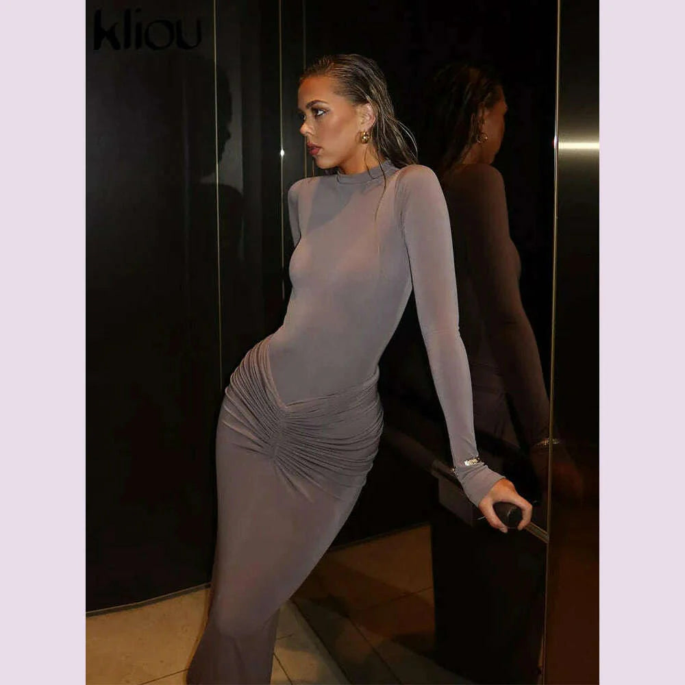 kliou Shirring Women Classic Maxi Dress Autumn New Solid Long Sleeve High Collar Body-shaping Vestidos Mujer Concise Trend Robe