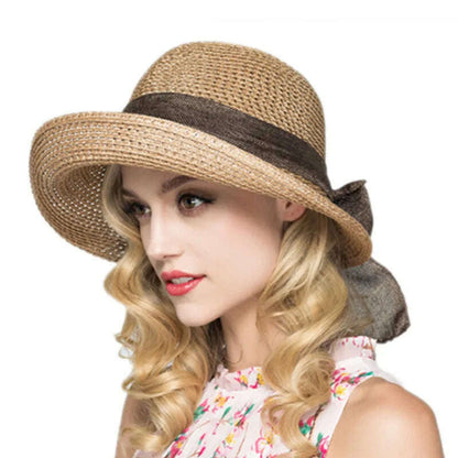 Korean fashion bow beach sun hat women's summer new collapsible fisherman basin hat summer sun block straw hat for women