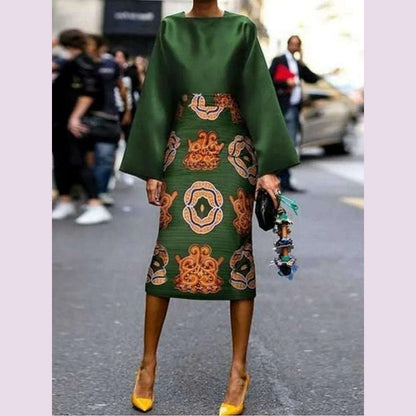 Krismile Women Spring Printed Midi Dresses 2024 Fashion Long Sleeves Round-Neck Midi Dresses Vintage Green Dresses