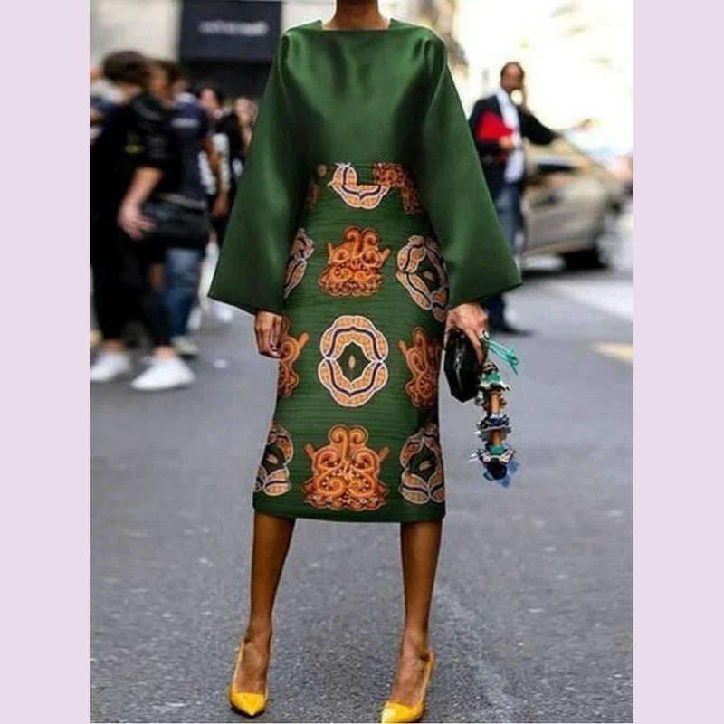 Krismile Women Spring Printed Midi Dresses 2024 Fashion Long Sleeves Round-Neck Midi Dresses Vintage Green Dresses