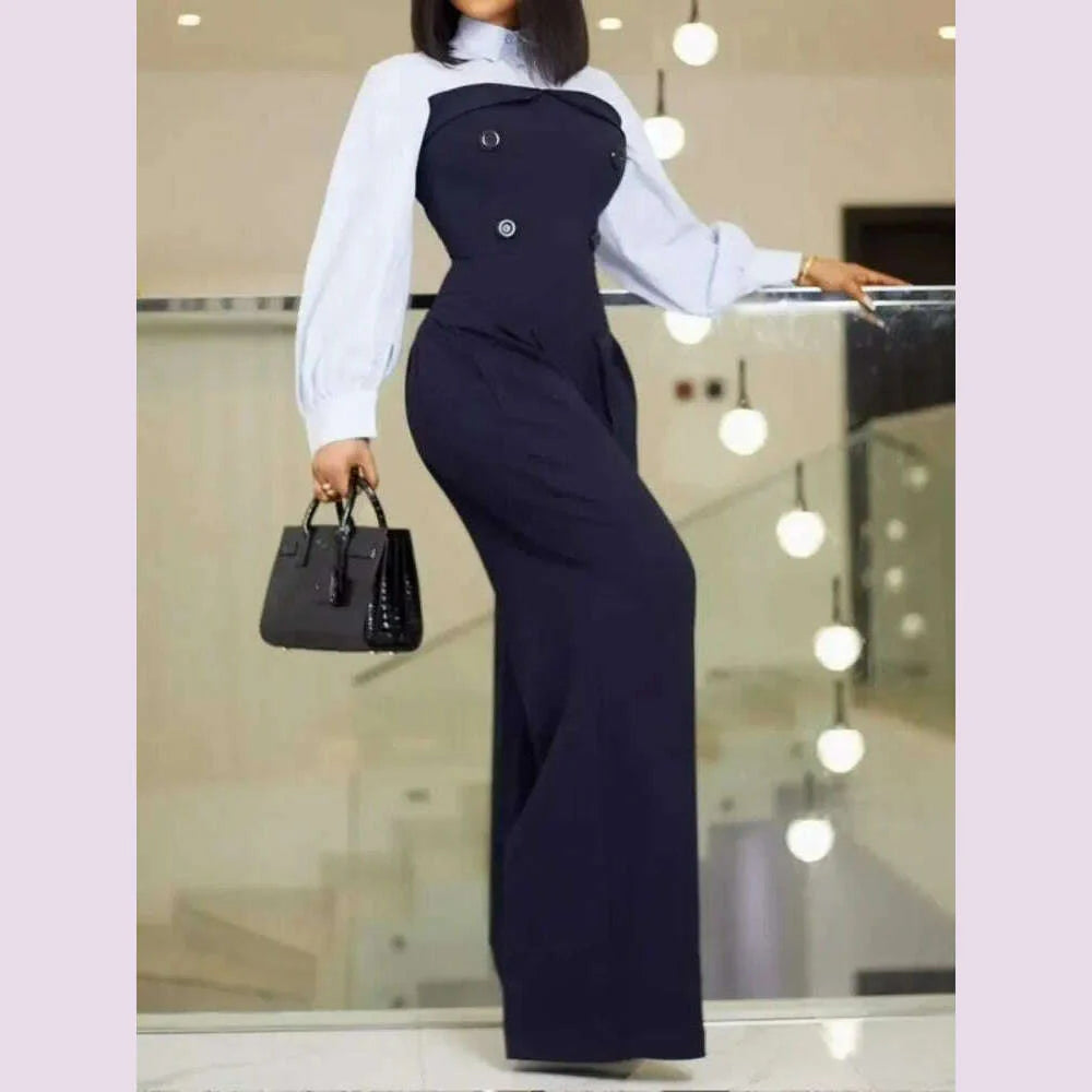 Krisnanas Women's Wide Leg Jumpsuits 2024 New Autumn Long Sleeves Fashion Patchwork Buttoned Loose Casual Office One-piece Suits