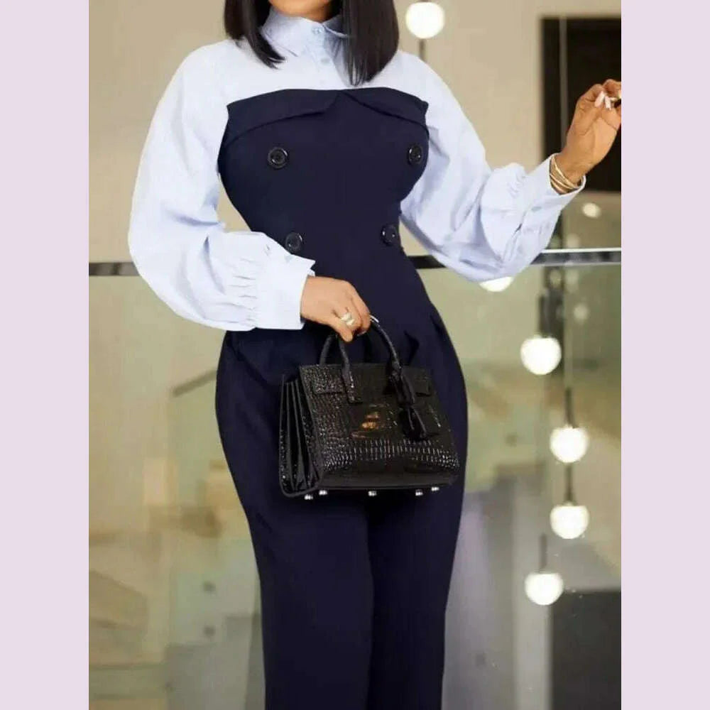 Krisnanas Women's Wide Leg Jumpsuits 2024 New Autumn Long Sleeves Fashion Patchwork Buttoned Loose Casual Office One-piece Suits