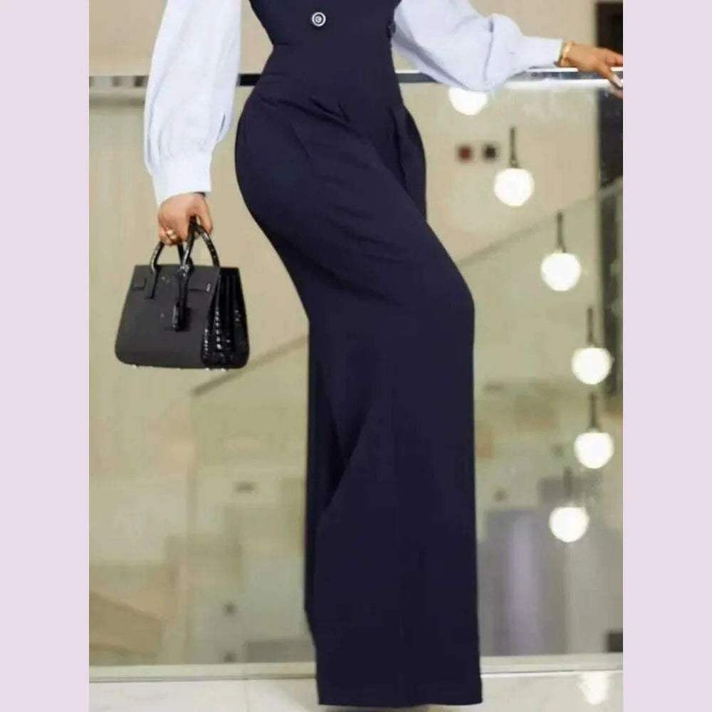 Krisnanas Women's Wide Leg Jumpsuits 2024 New Autumn Long Sleeves Fashion Patchwork Buttoned Loose Casual Office One-piece Suits