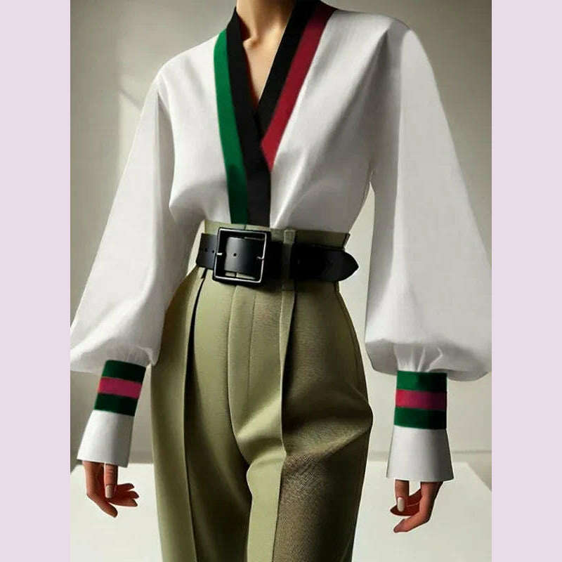 Krisstar 2025 V-neck Blouses Shirts for Women Spring Summer Long Sleeves Contrast Color Office Business Work Elegant Tops Lady