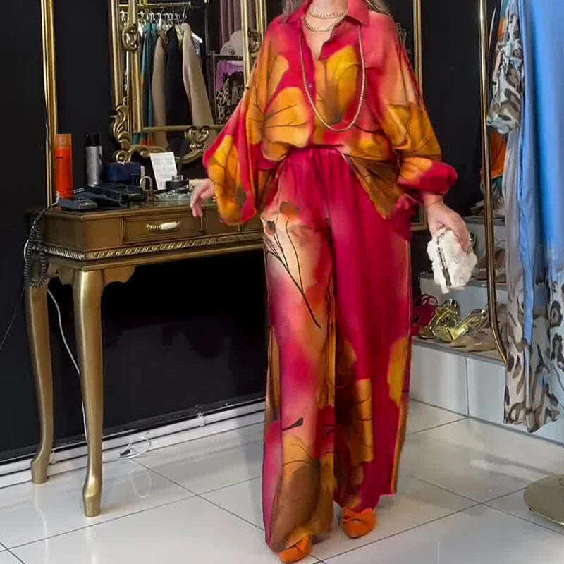Lady Commute Two Piece 2025 Spring Summer Floral Print Office Set Women Fashion Button Long Sleeve Blouse Top+Wide Leg Pant Set