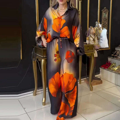 Lady Commute Two Piece 2025 Spring Summer Floral Print Office Set Women Fashion Button Long Sleeve Blouse Top+Wide Leg Pant Set
