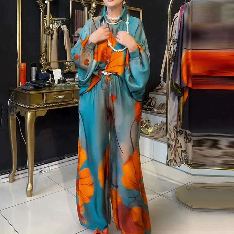 Lady Commute Two Piece 2025 Spring Summer Floral Print Office Set Women Fashion Button Long Sleeve Blouse Top+Wide Leg Pant Set