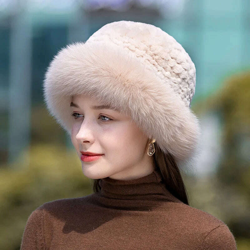 Lady Winter Real Fur Hat Women Warm Knitted Genuine Formal  Rabbit Fur Hat Top Natural Fox Fur Bomber Caps Rex Rabbit Fur Cap