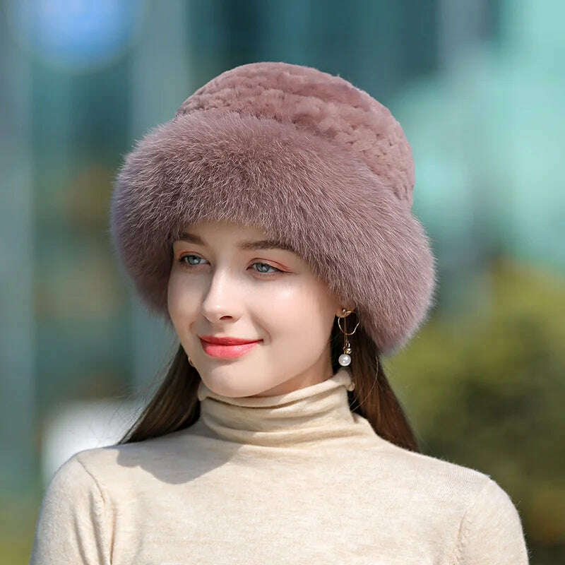 Lady Winter Real Fur Hat Women Warm Knitted Genuine Formal  Rabbit Fur Hat Top Natural Fox Fur Bomber Caps Rex Rabbit Fur Cap