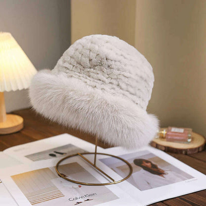 Lady Winter Real Fur Hat Women Warm Knitted Genuine Formal  Rabbit Fur Hat Top Natural Fox Fur Bomber Caps Rex Rabbit Fur Cap