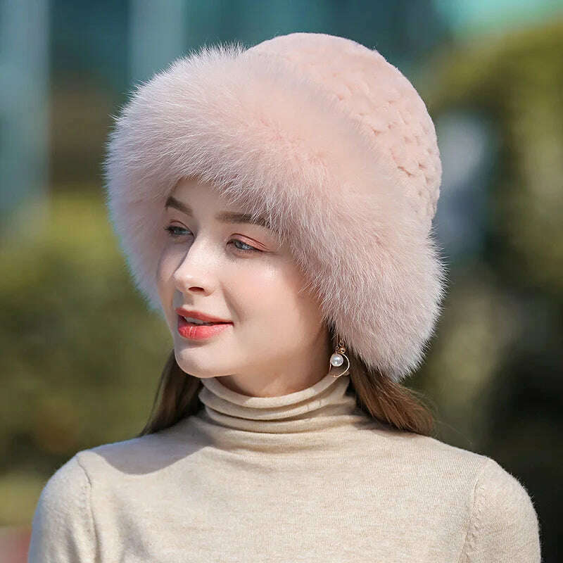 Lady Winter Real Fur Hat Women Warm Knitted Genuine Formal  Rabbit Fur Hat Top Natural Fox Fur Bomber Caps Rex Rabbit Fur Cap