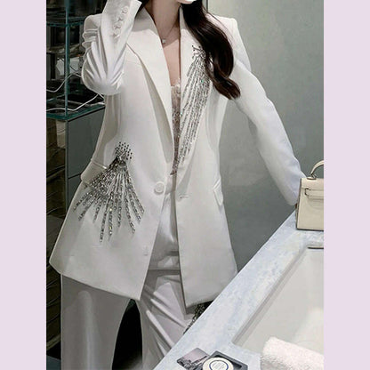 LANMREM Elegant Women's Blazer Coat New Fashion Notched Single Breasted Beading Flares Design Office Lady Clothing 2DC1366